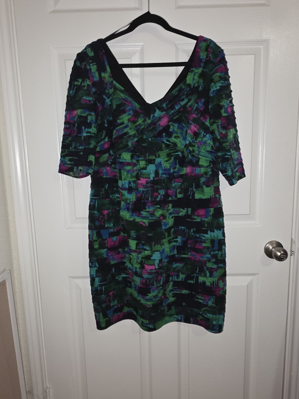 London Times Abstract Print Midi Dress in Green, Purple, and Black